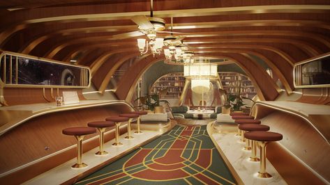 ArtStation - Neo Deco Space Lounge, Raphael Galeuchet Art Deco Mansion Interiors, 60s Art Deco, Neo Deco Interior, Art Deco Sci Fi, Space Restaurant Design, Decopunk Aesthetic, Her Wallpaper, Neo Deco, Neo Art Deco