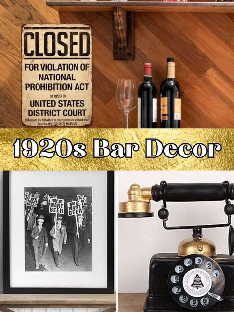 Cool 1920s Bar Decor To Transform Your Space - PinkPopDesign Prohibition Bar 1920s, Gatsby Bar Design, Speak Easy Decorations, Speakeasy Table Decor, 1920s Bar Aesthetic, 1920s Aesthetic Decor, Speak Easy Party Decor, 1920s Decor Interior Design, Speakeasy Fundraiser