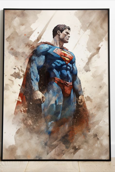 Office Sanctuary, Superhero Painting, Superman Poster, Superman Drawing, Drawing Superheroes, Iconic Artwork, Super Man, Wall Art Watercolor, Art Watercolor Painting