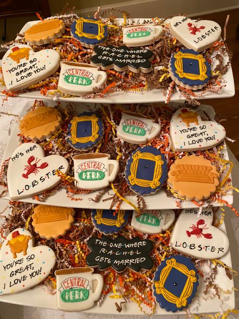 Cookies made for a “Friends” TV show inspired bridal shower - The One Where, She Found Her Lobster, Iconic Yellow Frame, Pivot, Central Perk Friends Themed Graduation Party, She Found Her Lobster, Cake Tv Show, Friends Bridal Shower Theme, Friends Themed Wedding, Themed Graduation Party, Friends Birthday Cake, Yellow Frame, Graduation Party Themes