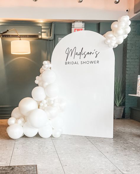 Finally got to work with @poppiesflowercart on this beautiful setup for todays Bridal Shower 🤍💍 Venue: @osteriacrescendo Garden Bridal Shower Balloon Arch, Bridal Shower Backdrop Pink, Elegant White Bridal Shower Ideas, Bridal Shower Gift Backdrop, Simple Bridal Shower Photo Backdrop, Easy Bridal Shower Backdrop Ideas, Moon Bridal Shower Theme, Bridal Shower Ideas Backdrop, Engagement Party Venue Ideas