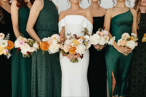 Emerald Green Bridesmaid Dresses With Colorful Flowers, Fall Wedding Flowers With Emerald Green Dresses, Green Mix And Match Bridesmaid Dresses, Green Bridesmaid Dresses Beach, Bridesmaid Dresses Emerald Green, Bridesmaid Dresses Colorful, Bridesmaid Dresses Emerald, Unique Bridesmaid Dress, Mismatched Dresses