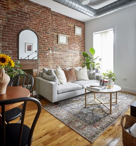 Exposed Brick Walls Living Room, Exposed Brick Living Room, Exposed Brick Apartment, Living Room With Brick Wall, Brick Wall Living Room, Brick Wall Decor, Brick Living Room, Brick Interior Wall, Girl Apartment