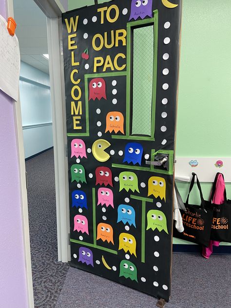 Space Invaders Bulletin Board, Game Room Door Ideas, Super Mario Classroom Door, 90s Bulletin Board, 80s Classroom, Manly Party Decorations, Teacher Diy, Halloween Classroom Door, Board Game Themes