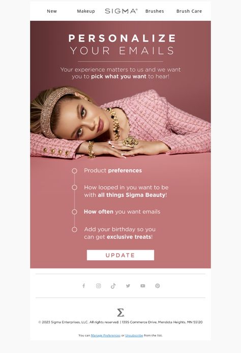 An awesome Onboarding drips email example from Sigma Beauty. View 100+ more email templates and examples and get inspiration for your next email design with MailCharts! #EmailDesign #EmailMarketing #EmailInspiration #OnboardingDripsEmail Sigma Makeup Brushes, Email Examples, Campaign Planning, Sigma Beauty, Customer Retention, Email Design, Email Templates, Email Campaign, Email Marketing