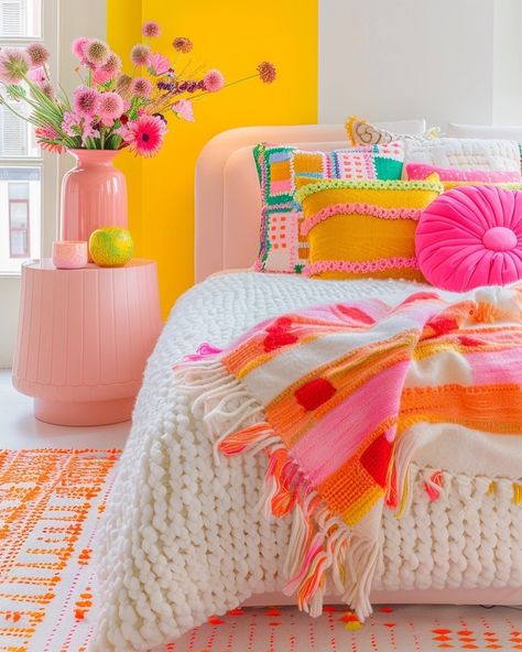 Bright Colours Aesthetic, Bright Girls Bedroom, Bright Colorful Bedroom, Colorful Girls Bedroom Ideas, Colorful Girls Bedroom, Yellow Girls Bedroom, Colorful Kids Bedroom, Bright Kids Room, Pastel Interior Design