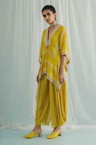 Surbhi Gupta | Designer Sarees, Lehengas, Kurta Sets for Women Kaftan Sleeves, V Neck Kaftan, Yellow Kurta, Kaftan Tunic, Printed Embroidery, Kaftan Designs, Short Kaftan, Dhoti Pants, Sequin Embroidery