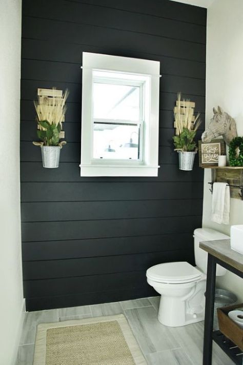 Black Shiplap Bathroom:  An edgier take on the trend, black shiplap is a great way to combine contemporary and classic. Check out these stunning interiors that embraced shiplap's bolder, moodier side. Black Shiplap Bathroom, Black Shiplap, Makeover Kamar Mandi, Ideas Baños, Shiplap Bathroom, Bathroom Farmhouse Style, Bad Inspiration, White Shiplap, Modern Farmhouse Bathroom