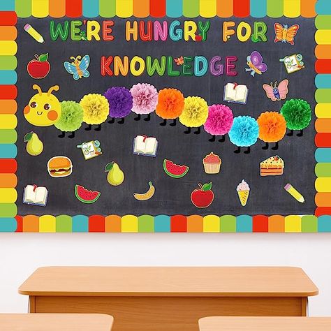 Caterpillar Classroom Decor, Caterpillar Bulletin Board, Hungry Caterpillar Classroom, Bulletin Board Wall, Decorate Classroom, Colorful Caterpillar, Colorful Bulletin Boards, Paper Flower Ball, Summer Arts And Crafts