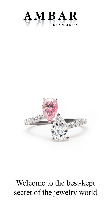 Dual Elegance Diamond Ring featuring pink and white pear-shaped diamonds in 18k white gold with round-cut diamonds. Pear Shaped Diamond, Round Cut Diamond, Pink And White, Pear Shaped, Round Cut, Diamond Engagement Rings, Diamond Ring, Pear, Custom Design