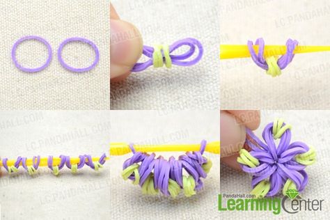 Easy DIY Instruction on Making a Candy Color Loom Flower Bracelet - Pandahall.com Rainbow Loom Easy, Loom Band Charms, Loom Bands Designs, Loom Flowers, Flower Loom, Loom Bands Tutorial, Loom Band Patterns, Rainbow Loom Bracelets Easy, Rainbow Loom Tutorials