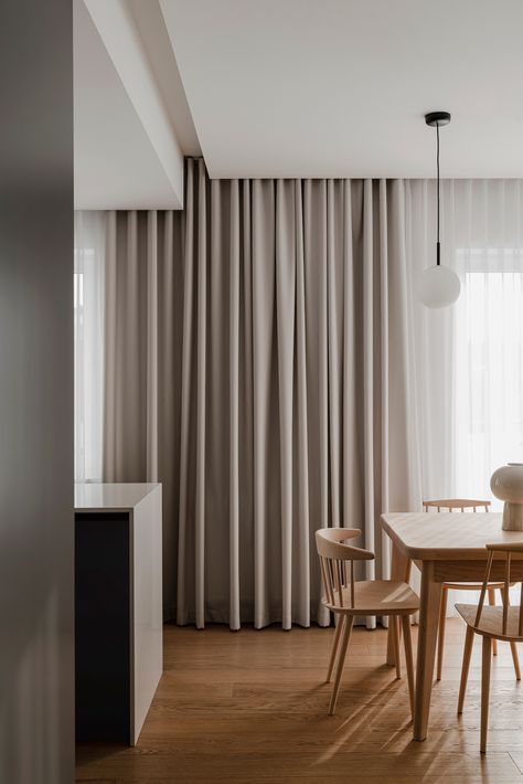 Leibal — The Unfolding Home Curtains Living, Design Del Prodotto, Solid Wood Dining Table, Curtain Designs, Custom Curtains, Small Space Living, Curtains Living Room, Minimalist Decor, Decoration Design