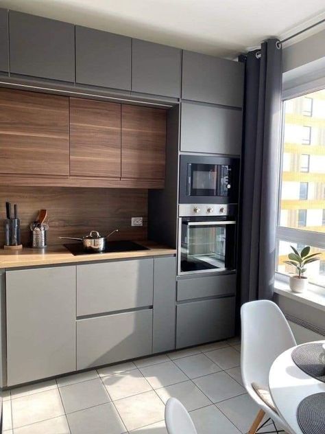 Modern Grey Wood Kitchen, Grey With Wood Kitchen, Grey Kitchen With Wood Cabinets, Kitchen Cabinet Grey And Wood, Grey Furniture Kitchen, Kitchen Design Grey And Wood, Kitchen Interior Grey And Wood, Kitchen Cabinets Grey And Wood, Minimalistic Modern Kitchen