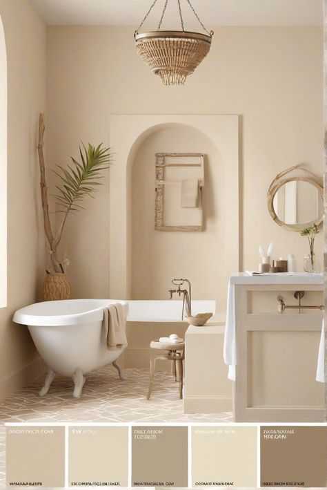 home decorating, home interior design, interior bedroom design, living room interior Natural Tan Bathroom, Beige Half Bathroom Ideas, Tan Bathroom Walls, Sand Coloured Bathroom, Light Colored Bathroom Ideas, Modern Desert Bathroom, Sand Wall Color, Bathroom Sand Color, Creamy White Bathroom