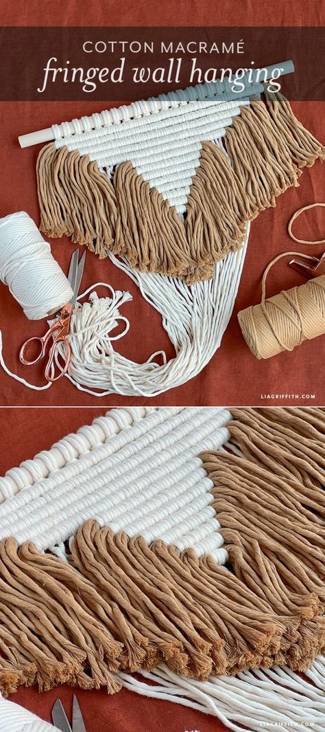 We love the wild, western look of our macrame fringed wall hanging. You only need to know two basic macrame knots for this DIY project! Basic Macrame Knots, Basic Macrame, Macrame Fringe, Hanging Diy, Diy Macrame Plant Hanger, Macrame Wall Hanging Patterns, Macrame Plant Holder, Wedding Crafts Diy, Diy Artwork