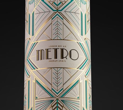 Javier Garduño Estudio De Diseño - METRO Gin - World Brand Design Society / Packaging design for Metro gin. It is inspired by the aesthetics of the film Metropolis and the art deco of the 1920s. A stylized bottle together with a label with an impeccable printing technique, make this gin spectacular and elegant at the same time. Art Deco Logo Design Brand Identity, Art Deco Web Design, Art Nouveau Packaging, Packaging Bottle Design, Art Deco Branding, Art Deco Packaging, Art Deco Graphic Design, Gin Packaging, Art Deco Design Graphics