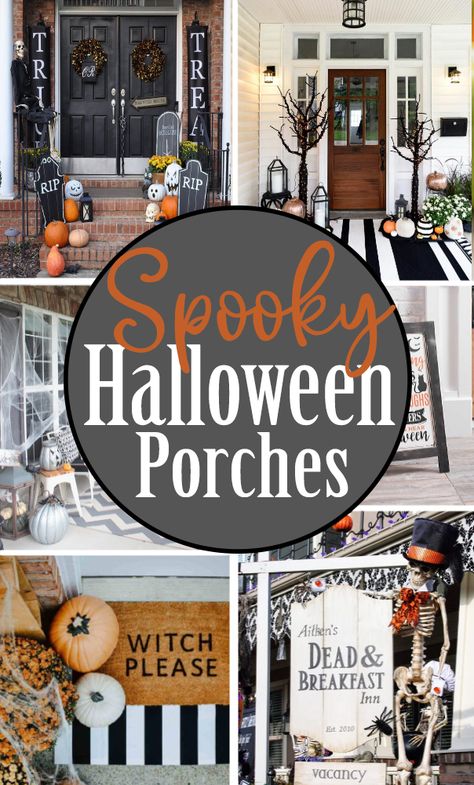 The best Spooky Halloween Decorations for the front porch! DIY the outdoor decorations with these inspiring ideas. I'll be using many of them this year on our own porch. Halloween Porches, Porche Halloween, Halloween Decorations Outdoor Porch, Halloween Decor Diy, Halloween Outside, Hallowen Ideas, Image Halloween, Casa Halloween, Halloween Front Porch Decor