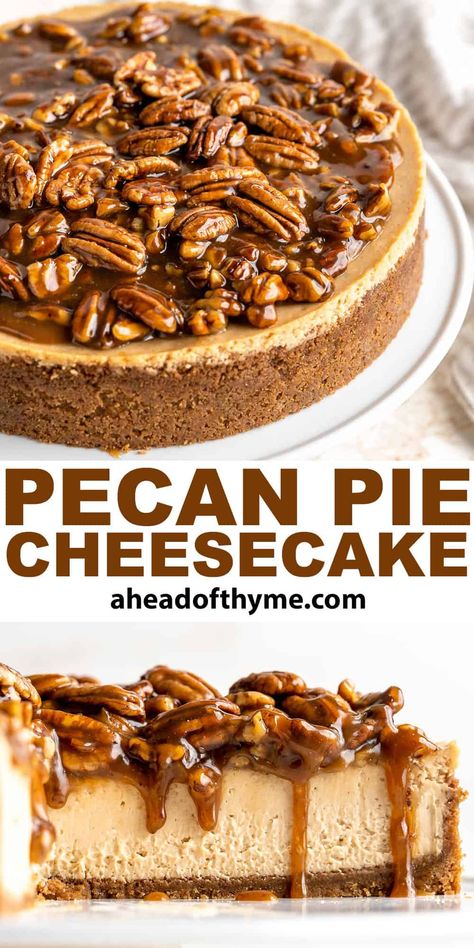 Pecan Pie With Cream Cheese, Pecan Pie Topping Recipe, Blue Bowl Pecan Pie Cheesecake, Cheesecake Flavours Ideas, Pecan Pie Cheesecake Recipe Easy, Fall Party Desserts For A Crowd, Cooking Recipes Desserts Easy, Pecan Praline Cheesecake Recipe, Deep Dish Pecan Pie Recipe