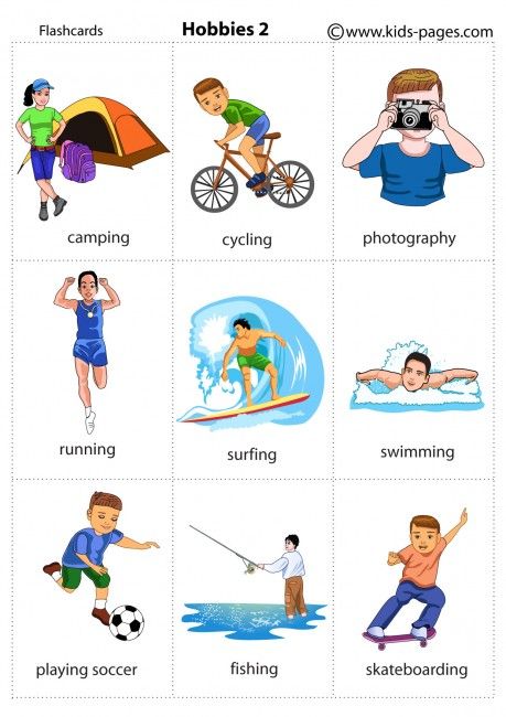 Hobbies 2 flashcard Free Time Activities, Hobbies For Kids, Learning English For Kids, Hobbies To Try, Kids Pages, Kids English, English Verbs, Printable Flash Cards, English Lessons For Kids