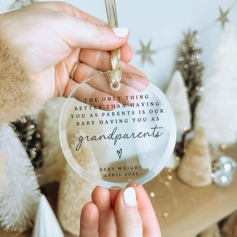 This minimal custom "The only thing better than having you as parents is our baby having you as grandparents" glass ornament is perfect to gift to a future grandma and grandpa as a pregnancy announcement! This special personalized ornament is a wonderful keepsake and can be used to remember this moment for years to come. Customize the ornament with your family name and due date!  Shop All Designs > https://lunedesignshop.etsy.com  ⋒ ORDER INFORMATION ⋒ This listing is for one ornament. Please no Future Grandma, Grandparent Announcement, Baby Announcement Grandparents, Grandpa Christmas Gifts, Pregnancy Announcement To Parents, Unique Pregnancy Announcement, Baby Announcement Photoshoot, Grandpa Christmas, Grandparent Pregnancy Announcement