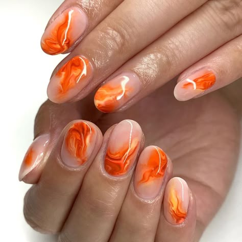 Lauren Holmes on Instagram: “Marble smokes or flames?🤔💨🔥 • • Using @the_gelbottle_inc BIAB teddy, blooming gel, peach daiquiri, mamasita, pumpkin and African sunset 🎨 •…” Autumn Blooming Gel Nails, Blooming Gel Nail Art Marble, Orange Blooming Gel Nails, Sunset Marble Nails, Blooming Gel Nail Art Short Nails, Peach Marble Nails, Blooming Gel Marble Nails, Blooming Gel Ideas, Fall Blooming Gel Nails