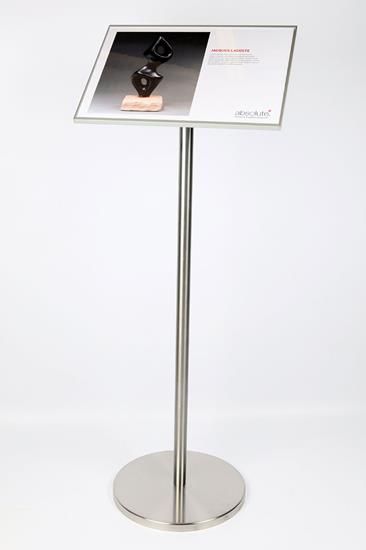 Stainless Steel Information Stand with signage plate.  Perfect for displaying information in a museum or gallery. #museum #gallery #artdisplay www.artdisplay.com Museum Signage, Standing Signage, Brochure Display, Park Signage, Window Display Retail, Museum Display, Plaque Design, Retail Store Display, Retail Signage