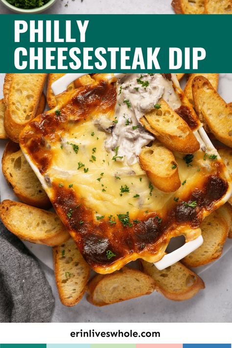 Try making this Philly Cheesesteak Dip the next time you want to spice up your appetizer party table! This creamy and cheesy dip is made with shaved ribeye steak, cream cheese, Greek yogurt, sharp white American cheese, and onions. The combination of flavors is perfect and will surely make everyone want more. Serve it with chips, crostini, or bread to get the full cheesesteak experience without having to go through the hassle of making sandwiches. Steak And Cheese Dip, Steak Cream Cheese, Philly Cheesesteak Dip, Cheesesteak Dip, Philly Cheese Steak Dip, White American Cheese, Cream Cheese Sandwich, Steak And Cheese, Eat Like A Bear