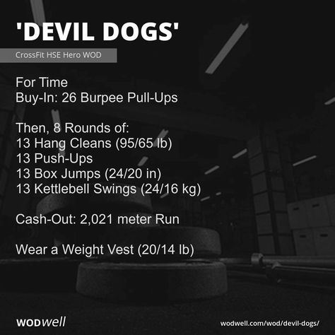 For Time; Buy-In: 26 Burpee Pull-Ups; Then, 8 Rounds of:; 13 Hang Cleans (95/65 lb); 13 Push-Ups; 13 Box Jumps (24/20 in); 13 Kettlebell Swings (24/16 kg); Cash-Out: 2,021 meter Run; Wear a Weight Vest (20/14 lb) Hang Clean Workout, Bowflex Workout Routine, Barbell Complex Workouts, Weight Vest Workout, Wods Crossfit, Burpee Workout, Crossfit Workouts Wod, Hero Wod, Crossfit Workouts At Home