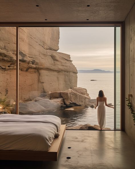 Rockbound Cove Residence by Monika Panch|Visualization Modern House By The Sea, Ocean Architecture, Bedroom With A View, Home By The Sea, Coastal Architecture, Sea Cliff, Natural Luxury, Color Decor, Southern Ocean