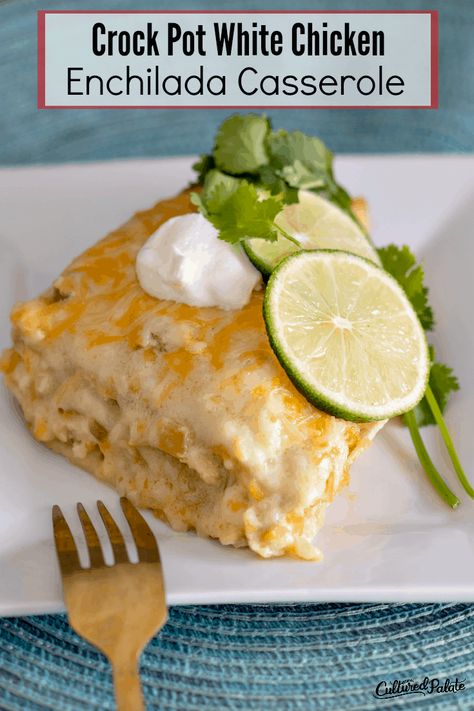 Crockpot White Chicken Enchilada Casserole | Cultured Palate White Chicken Enchilada Casserole, White Enchiladas, Enchiladas Crockpot, Casserole Enchilada, Easy Crockpot Meals, Crockpot Chicken Enchiladas, White Chicken Enchiladas, Crockpot Casserole, Easy Crockpot Chicken