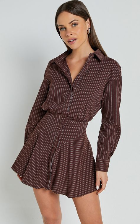 Whitney Mini Dress - Linen Look Long Sleeve Shirt Dress in Chocolate Pinstripe Fall Blazer Dress, Cute Long Dresses Casual Fall, Fall Shirt Dress, Collard Dress Outfits, Brown And White Dress, Fall Mini Dress, Thanksgiving Dresses, Business Fits, Thanksgiving Dinner Outfit