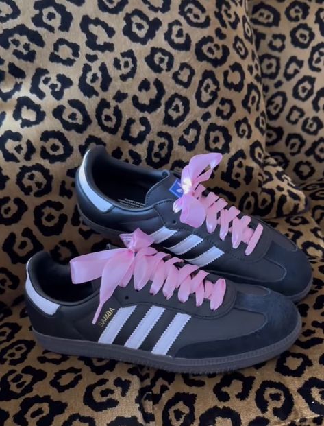 ribbon laces sneakers, back to school shoes, school shoes, cute shoe, cute trainers, trainers, ribbon satin shoelaces, pink laced sambas, adidas sambas ribbon laces, pink shoelaces @catlpatterson on tiktok Pink Ribbon Shoe Laces, Pink Sambas, Sambas Adidas, Pink Adidas Shoes, Ribbon Shoe Laces, Pink Shoelaces, Ribbon Heels, Shoes School, Samba Shoes