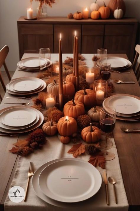 Elevate your family gatherings with elegant autumn table settings. Discover our tips for creating a cozy and inviting atmosphere.#FallDecor #AutumnVibes #HomeInspiration #CozyLiving #InteriorDesign Family Thanksgiving Table Settings, Orange Table Cloth Thanksgiving, Thanksgiving Table Setting With Food, Thanksgiving Table Settings Tablecloth, Thanks Giving Tablescape, Autumn Table Set Up, Beige Thanksgiving Aesthetic, Fall Thanksgiving Aesthetic, Thanksgiving Settings Ideas