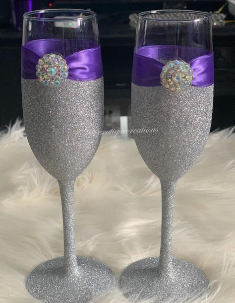 Toasting Set Silver with BLING and Purple Wedding Set | Etsy Royal Purple And Silver Wedding, Wonderland Wedding Decorations, 25th Anniversary Decorations, 25th Wedding Anniversary Party, Silver Wedding Decorations, Purple And Silver Wedding, Purple Wedding Theme, Decorated Wine Glasses, Wedding Cake Server