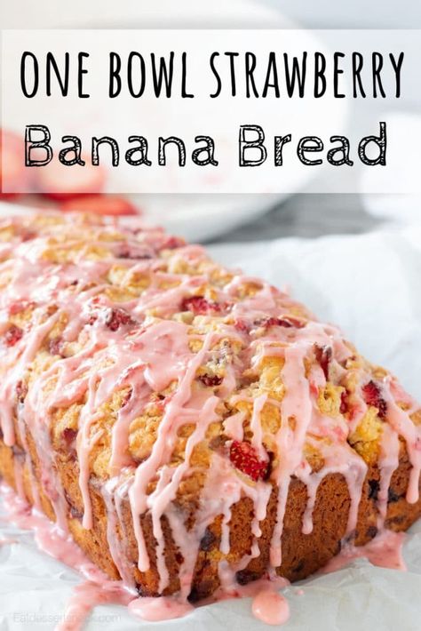 Strawberry Banana Bread Strawberry Banana Loaf, Banana Snack Ideas, Fresh Strawberry Glaze, Strawberry Banana Bread Recipe, Strawberry Bread Recipes, Dessert For Summer, Strawberry Banana Bread, Banana Coffee Cakes, Strawberry Bread