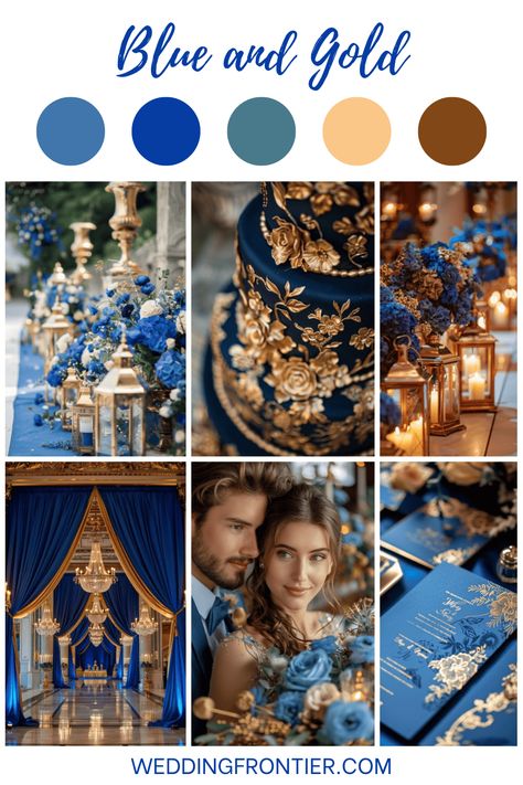 Dreaming of a wedding that combines elegance with a touch of royal flair? A blue and gold wedding theme might be exactly what you're looking for. Wedding Colors Blue And Gold, Brown And Gold Wedding Theme, Royal Blue And Gold Wedding Theme, Gold Wedding Theme Ideas, Blue And Gold Wedding Theme, Royalty Wedding Theme, Brown Wedding Themes, Royalty Theme, Royal Wedding Themes