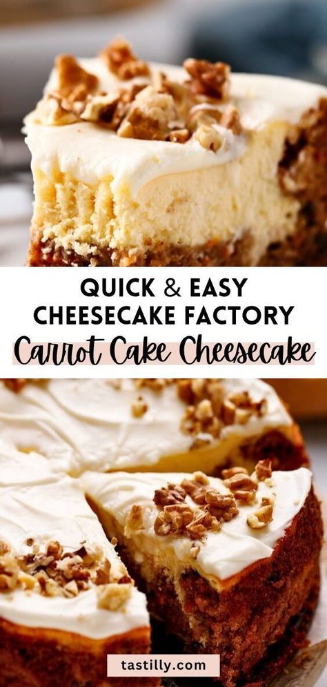 Indulge in a masterpiece with our Cheesecake Factory Carrot Cake Cheesecake Copycat. The moist and flavorful carrot cake layer is perfectly intertwined with the soft, rich, and smooth cheesecake layer. All topped with a decadent cream cheese frosting. Easy to prepare and perfect for lavish celebrations. Cheesecake Factory Carrot Cake, Carrotcake Cheesecake, Cheesecake Cakes, Carrot Cake Cheesecake Recipe, Carrot Cheesecake, Everyday Cakes, Fall Deserts, Cheesecake Factory Recipes, Fast Desserts