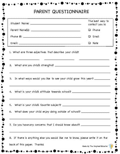 Parent Questionnaire by The Inspired Educator | TPT Parent Questionnaire About Child, Kids Questionnaire, Parent Questionnaire, Student Questionnaire, Preschool Vibes, Expressive Therapy, Parent Survey, Kindergarten Assessment, Teaching Boys