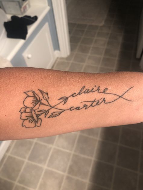 Name As Stem Tattoo, Names In Flower Stem Tattoo, Flower With Name In Stem Tattoo, Flower Tattoo With Name Stem, Flowers And Names Tattoo, Flowers With Name Tattoo, Flowers With Name Stem Tattoo, Flower Names Tattoo, Claire Tattoo Name