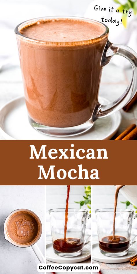 Mexican Mocha (Spicy Optional) - coffeecopycat.com Iced Mexican Mocha Coffee Recipe, Mexican Mocha Coffee Recipe, Iced Cafe Mocha, Mexican Mocha Recipe, Mexican Mocha Coffee, Expresso Recipes, Mocha Sauce, Mocha Coffee Recipe, Mocha Pot