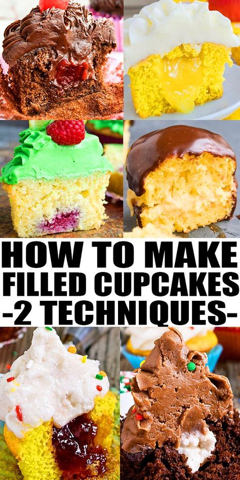 Learn how to make easy filled cupcakes with jam, peanut butter, Nutella frosting, ganache and much more. Two different but simple techniques are explained. From CakeWhiz. How To Fill Cupcakes With Jam, How To Make Stuffed Cupcakes, How To Stuff Cupcakes, How To Make Filled Cupcakes, Easy Cupcake Filling Ideas, Filled Mini Cupcakes, Filled Cakes Ideas, How To Put Filling In Cupcakes, Cupcake Fillings Recipes