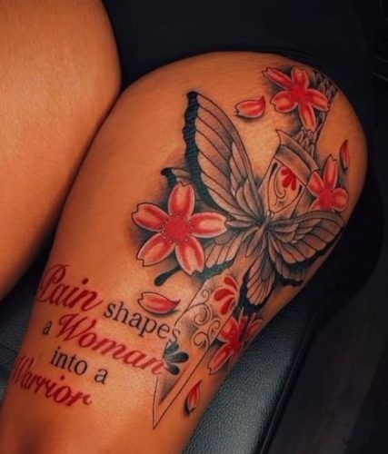 Explore the Art of Self-Expression: 15 Stunning Thigh Quote Tattoo Ideas for Women in 2024 Tattoo On Your Thigh, Thigh To Leg Tattoos Women, Thigh Tattoo Ideas Black Women, Tattoo Ideas On Leg For Women, Thigh Tattoo Women Black, Thigh And Leg Tattoos Women, Tattoo Ideas On The Leg, Woman Thigh Tattoos Unique, Tattoos On Thigh For Women