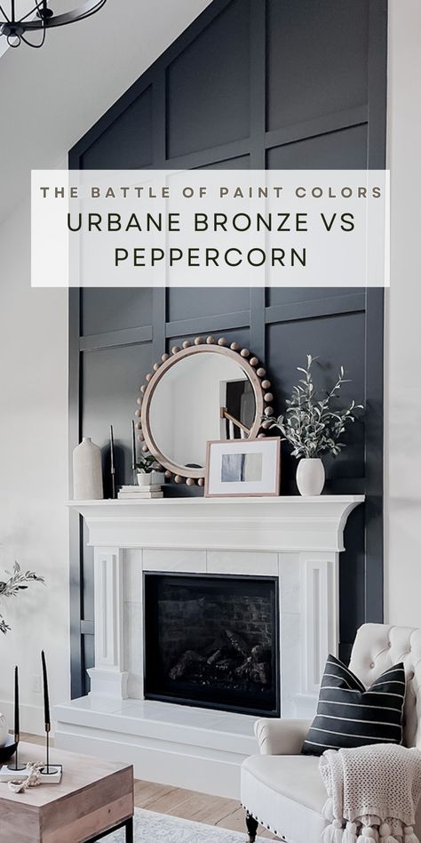 Which paint color reigns supreme? Dive into the popular shades of Sherwin Williams Urbane Bronze vs Peppercorn. Peppercorn Sherwin Williams Fireplace, Sherwin Peppercorn, Urbane Bronze Bedroom Walls, Urbane Bronze Vs Peppercorn, Urban Bronze Ceiling, Peppercorn Fireplace Wall, Urbane Bronze Sherwin Williams Accent Walls, Agreeable Gray And Peppercorn, Iron Ore Painted Fireplace