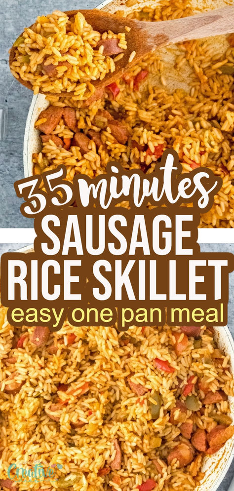 Sausage and rice skillet Skillet Rice Recipes, Rice And Sausage Recipes, Sausage And Rice Recipes, Skillet Rice, Sausage And Rice Skillet, Sheet Meals, Sausage Jambalaya Recipe, Rice Skillet Meals, Sausage And Rice