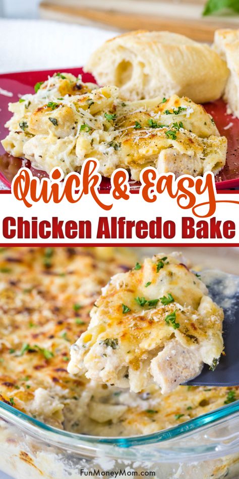 Leftover Chicken Alfredo Ideas, Oven Chicken Alfredo Pasta, Chicken Alfredo Pasta Bake Easy, Baked Chicken Alfredo Pasta With Jar Sauce, Baked Chicken Fettuccine Alfredo Recipe, Ramen Chicken Alfredo Bake, Oven Baked Chicken Alfredo, Raos Alfredo Recipes, Chicken Alfredo Bake With Jar Sauce