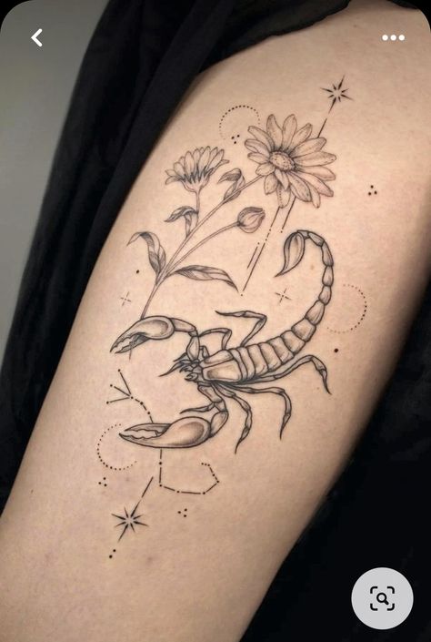 Zodiac Tattoos For Scorpio, Scorpio With Flowers Tattoo, Scorpio Patchwork Tattoo, Scorpio Fairy Tattoo, Scorpio Related Tattoos, Scorpio Tattoo Sleeve, Scorpio Arm Tattoos For Women, Scorpio Snake Tattoo, Unique Scorpio Tattoos For Women