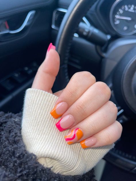 Summer Nails Pink And Orange French Tips, Orange Square Nails Short, Orange Summer Nails Square, Pink And Orange French Tip Nails Square, Orange And Pink Nails Square, Tropical Vacation Nails Coffin, Vacation Nails French Tips Tropical, Pink And Orange Nails Coffin, Summer Nails Hot Pink And Orange