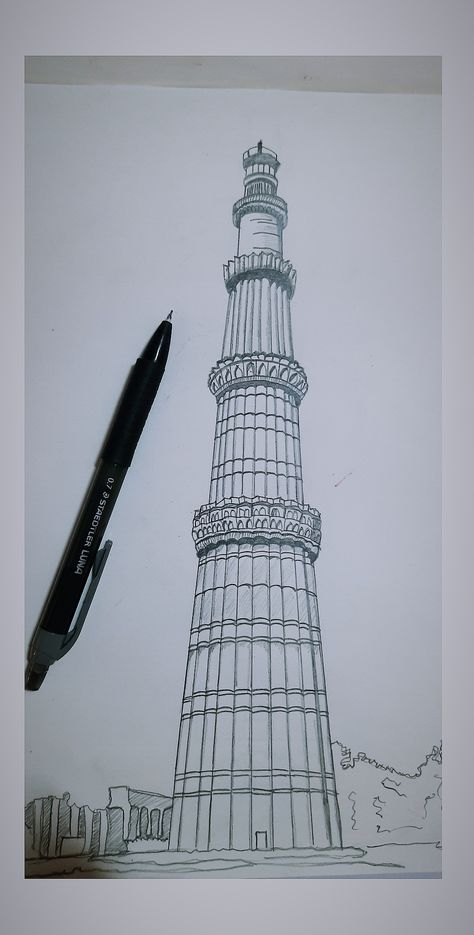 View of qutub Minar pencil sketch Monument Drawing Easy, Drawing Of Monuments In India, Qutab Minar Drawing, Indian Historical Monuments Drawing, Kutub Minar Drawing, Monuments Drawing Easy, Qutub Minar Drawing Easy, Qutub Minar Painting, Taj Mahal Sketch Pencil