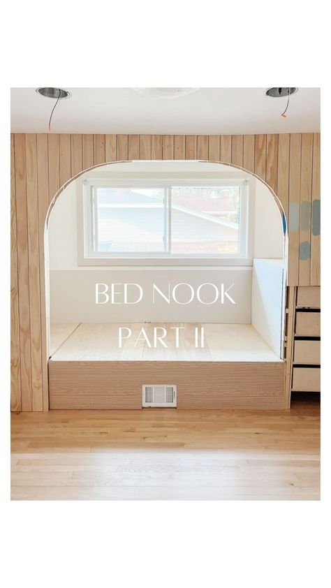 Bed Nook Window, Diy Built In Bed Nook, Bed Nook In Closet, Built In Bed Small Room, Window Nook Bed, Built In Queen Bed Nook, Bed In Window Nook, Day Bed Nook, Nook Bed Ideas