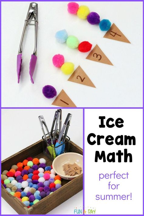 A SUPER simple preschool math activity! Make some ice cream "cones," add pom poms and tongs, and voila - they're learning! Perfect for preschool centers, a summer theme, or a fun fine motor activity! Cafe Activities Preschool, Summer Counting Activities Preschool, Themes For June Preschool, Ice Cream Pom Pom, Summer Provocations Preschool, Vacation Preschool Activities, Summer Theme For Preschool, Picnic Activities Preschool, Summer Fun Theme Preschool